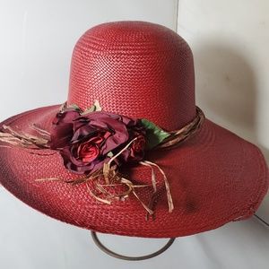 Two Girls NYC Red Straw Hat With Flower Detail